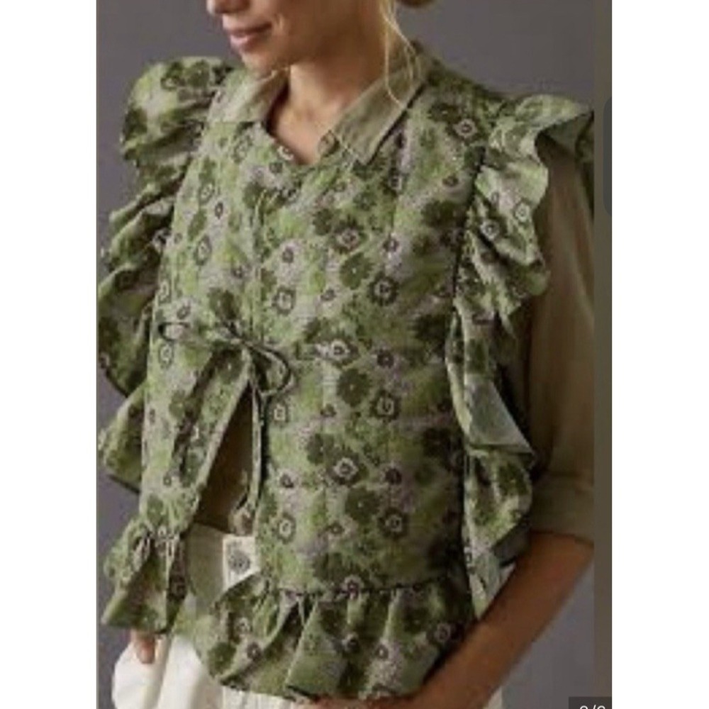 Anthropologie One Size Sydney Floral Quilt Tie Front Ruffle Shoulder Vest Green